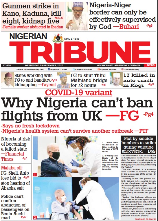 Today’s Nigerian Newspaper Cover Stories 23-December -2020