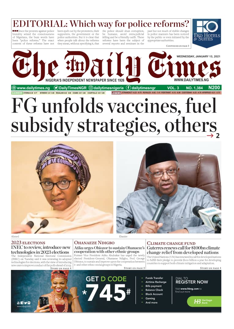 Today’s Major Nigerian Newspapers  Cover Stories 13- January -2021