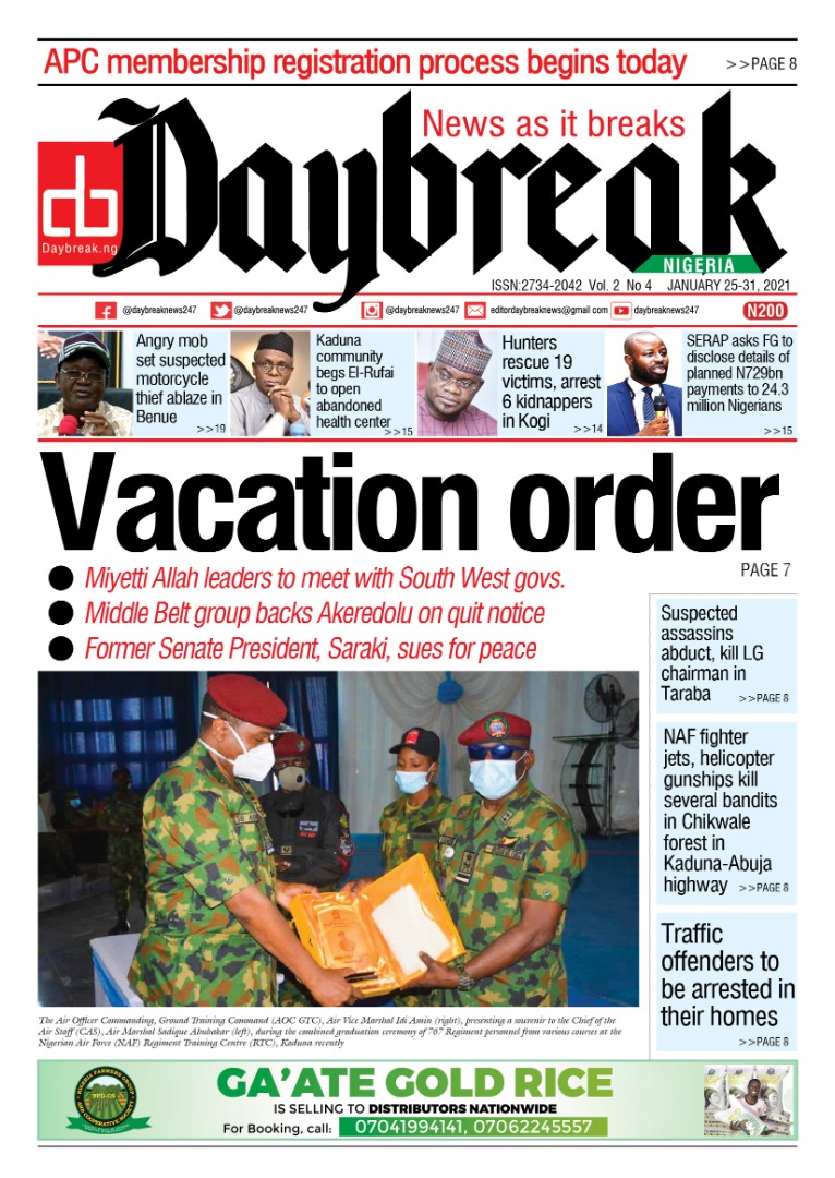 Today’s Major Nigerian Newspapers’ Cover Stories 25- January -2021
