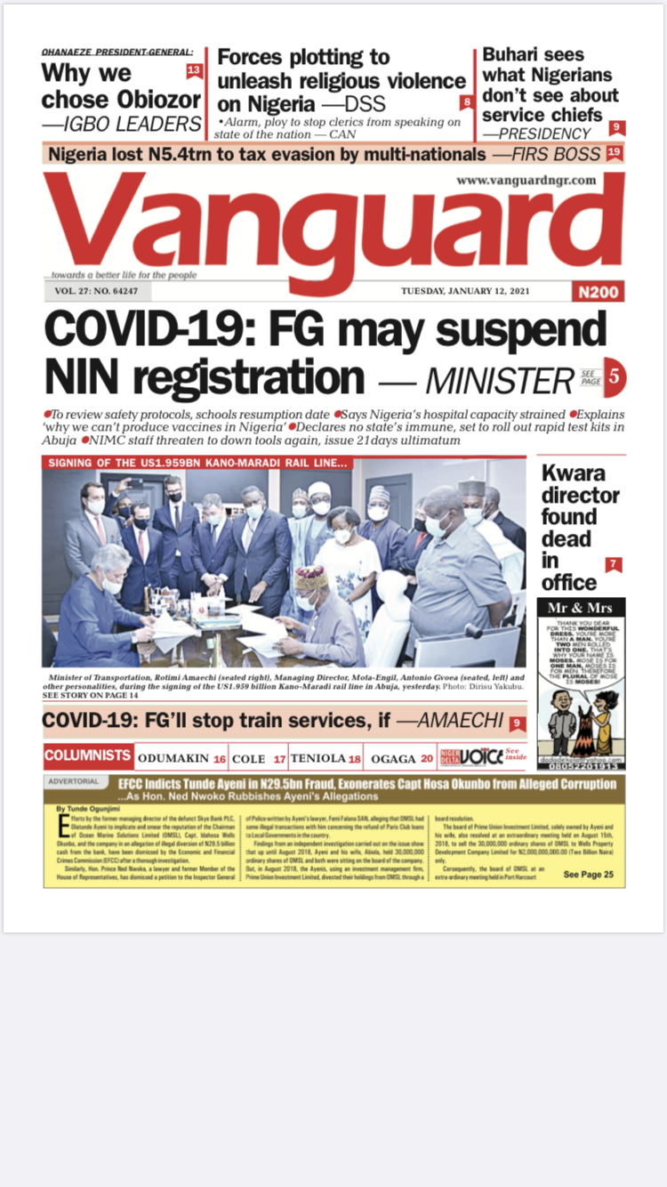 Today’s Major Nigerian Newspapers Cover Stories 11- January -2021
