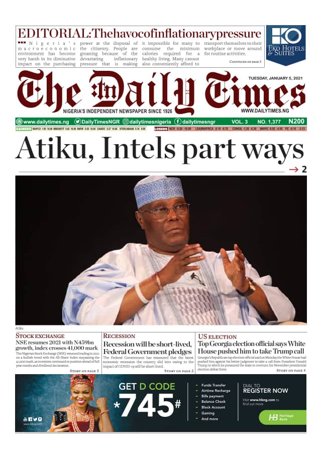 Today’s Nigerian Newspaper Cover Stories 05- January -2021