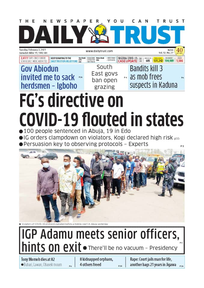 Today’s Major Nigerian Newspaper’s Cover Stories 02- February  -2021