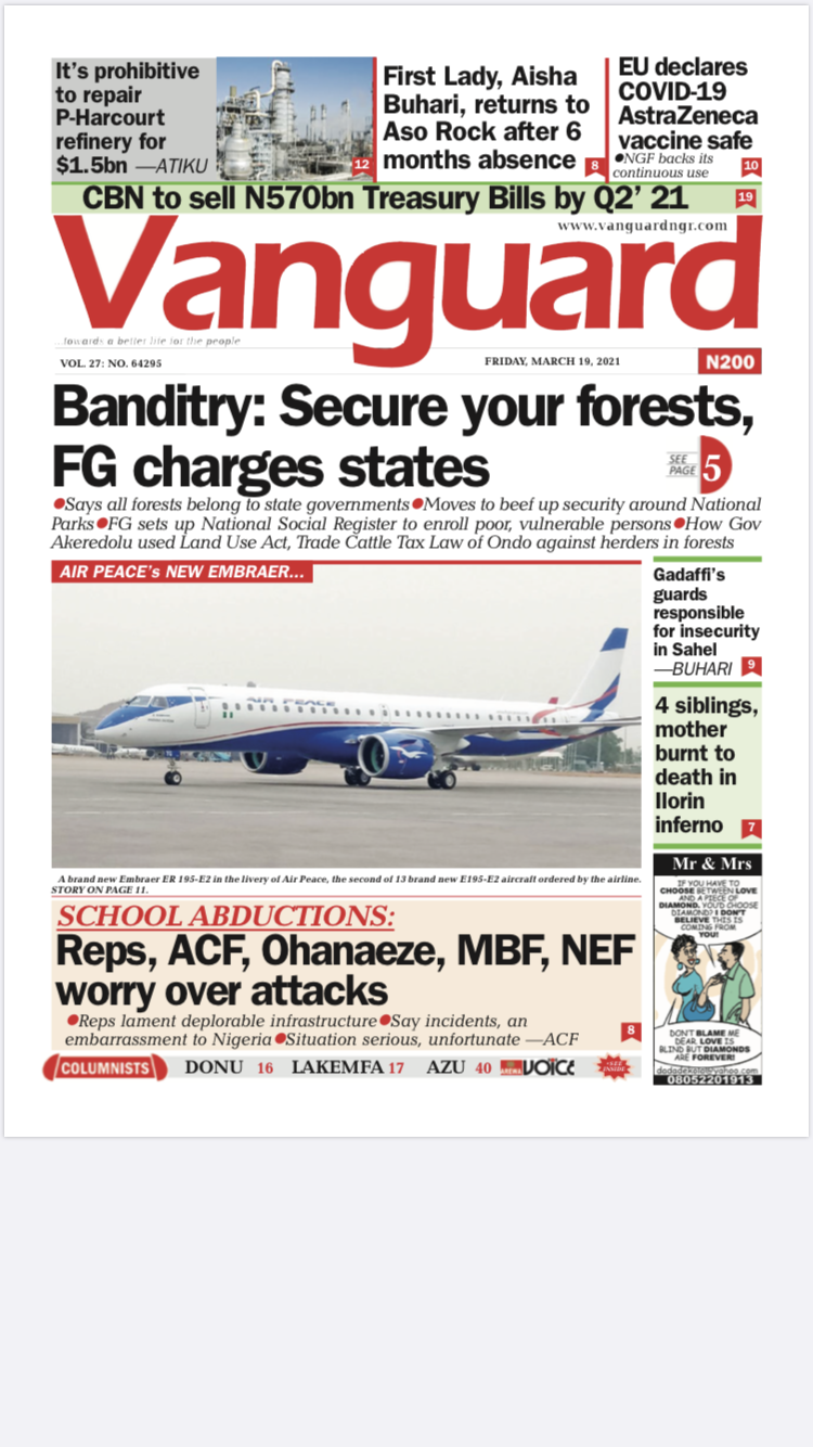 Today’s Major Nigerian Newspapers’ Cover Stories 19-March -2021