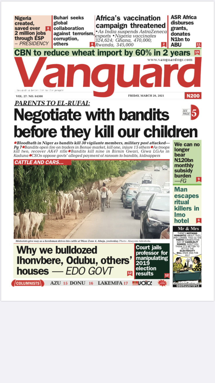 Today’s Major Nigerian Newspapers’ Cover Stories 26-March -2021