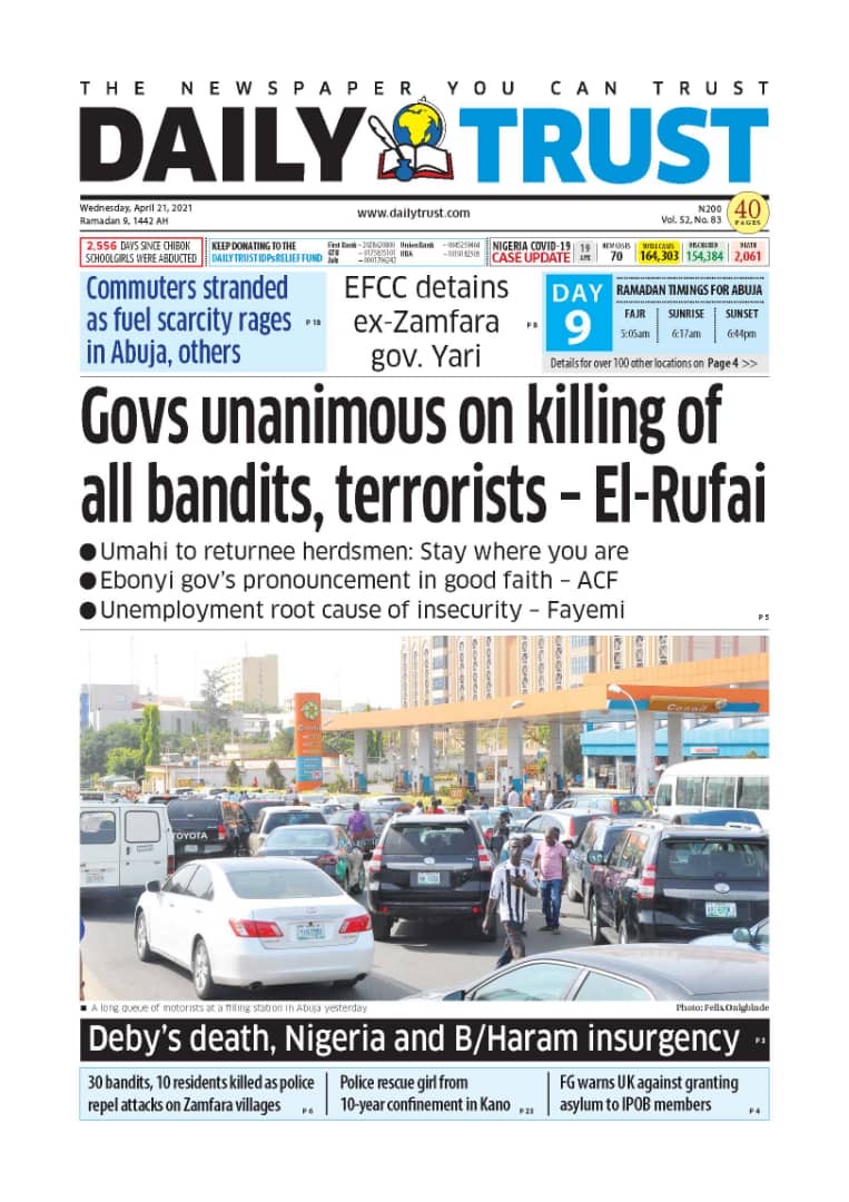 Today’s Major Nigerian Newspapers’ Cover stories-21-April-2021