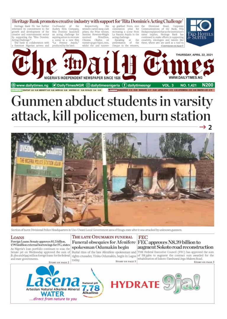Today’s Major Nigerian Newspapers’ Cover stories-22-April-2021