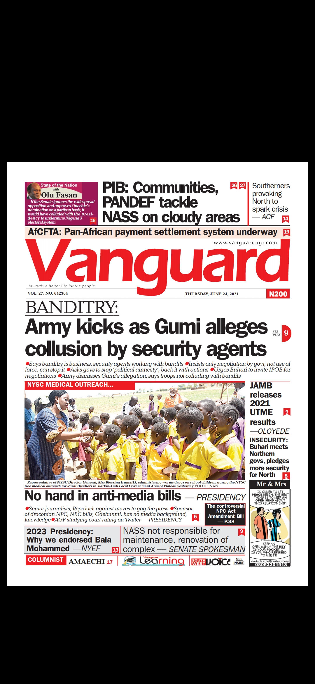 Today’s Major Nigerian Newspapers’ Cover stories-24-06-2021