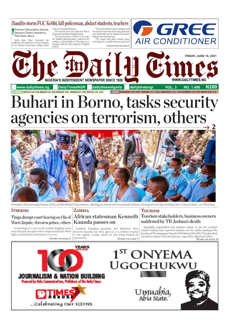 Today’s Major Nigerian Newspapers’ Cover Stories-18-06-2021