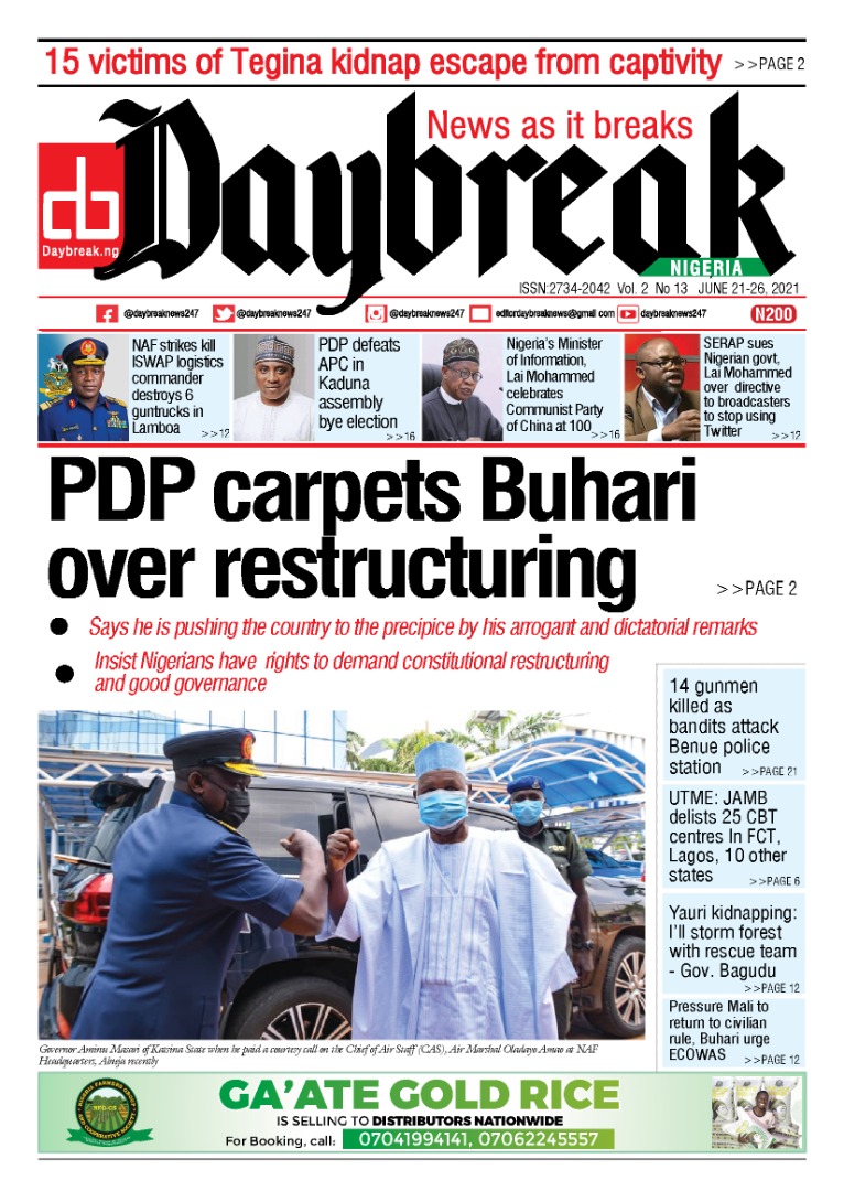 Today’s Major Nigerian Newspapers’ Cover Stories-21-06-2021