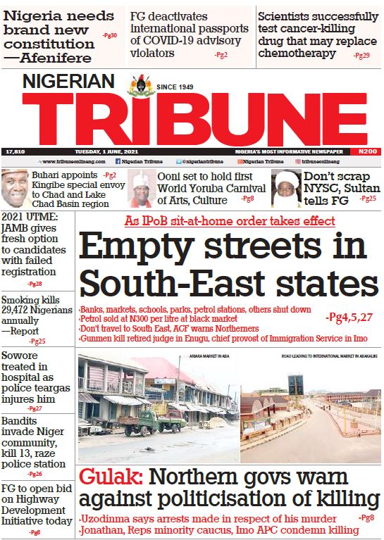 Today’s Major Nigerian Newspapers’ Cover Stories-01-06-2021