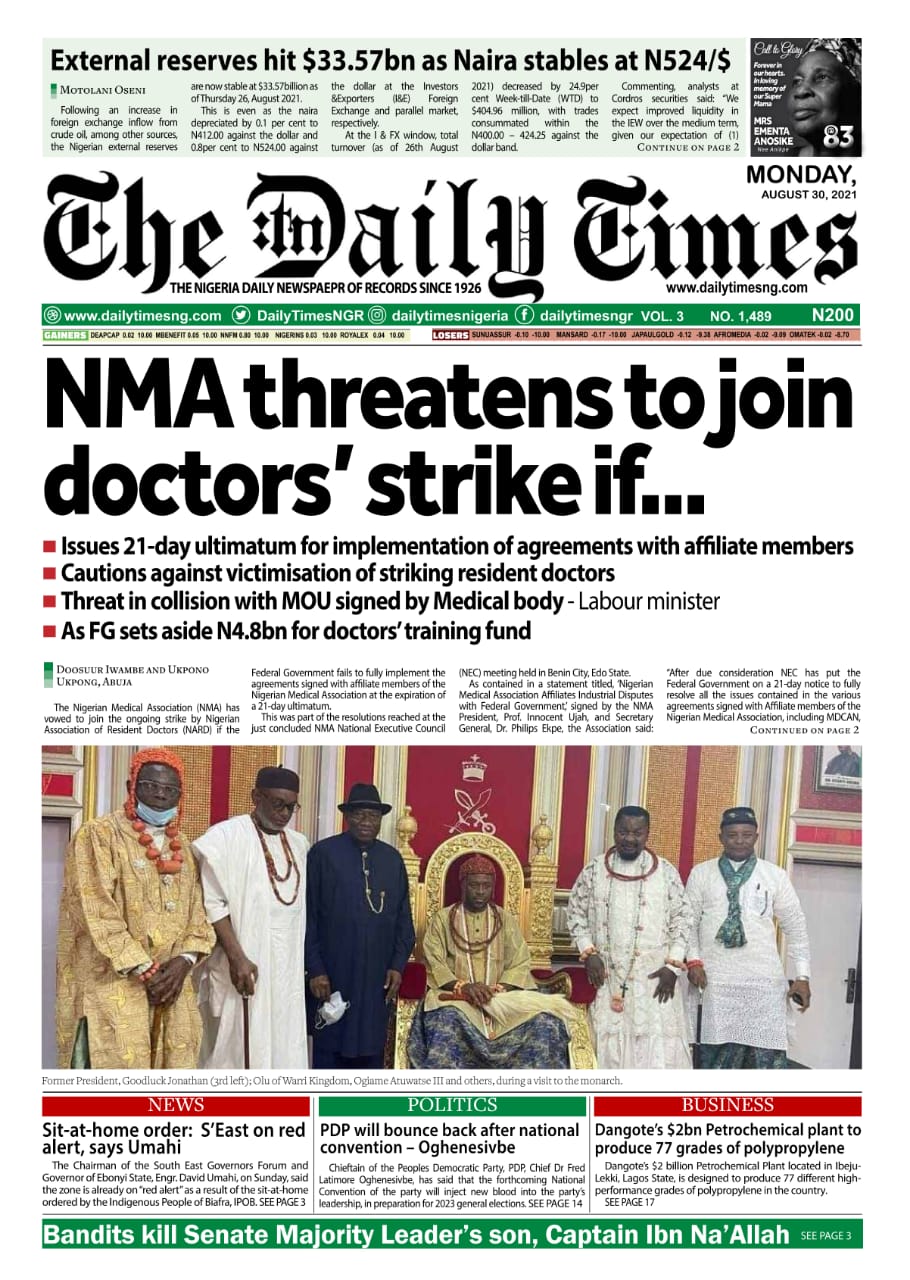 Today’s Major Nigerian Newspapers Cover Stories-30-08-2021