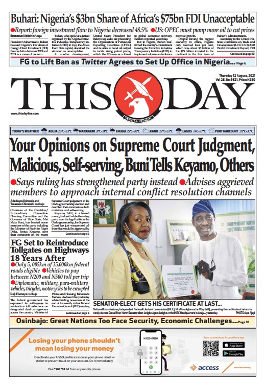 Today’s Major Nigerian Newspapers Cover Stories-12-08-2021