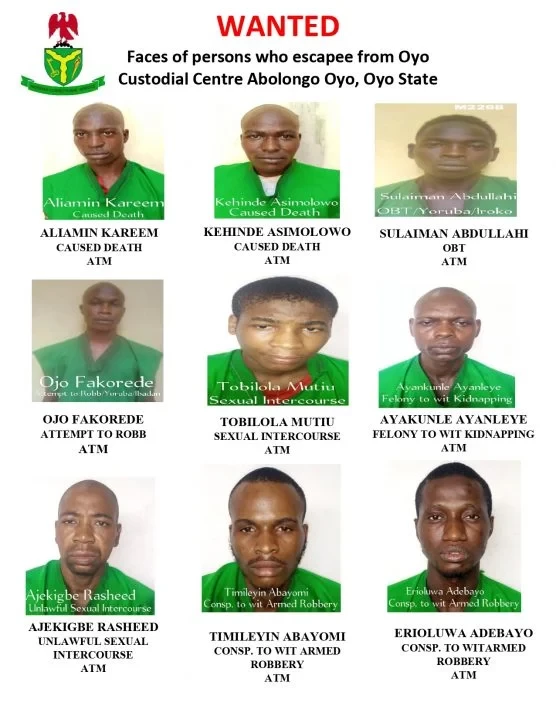 Oyo jailbreak: Nigerian Correctional Service releases names and photos of Fleeing Inmates