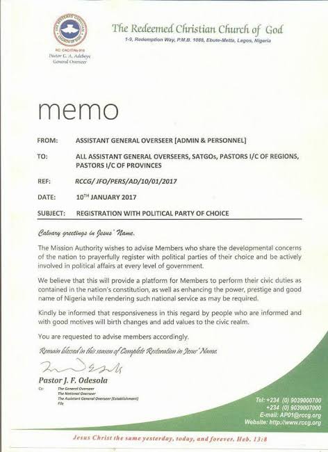 Viral Memo: Nigerians Criticize RCCG’s Alleged Foray into Partisan Politics