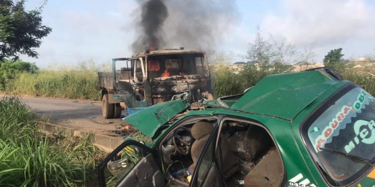 Three Narrowly Escape Death as Cement Truck Collides with Taxi in Ogun