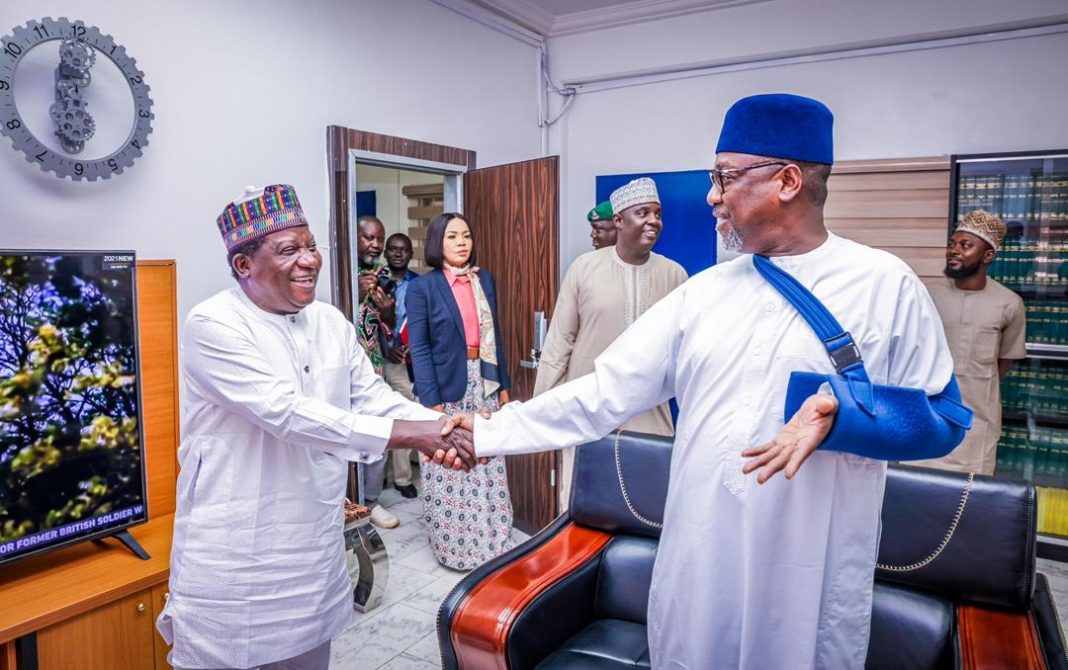 Labour Minister Simon Lalong Recieves Former Governor Of Niger State Senator Abubakar Sani Bello