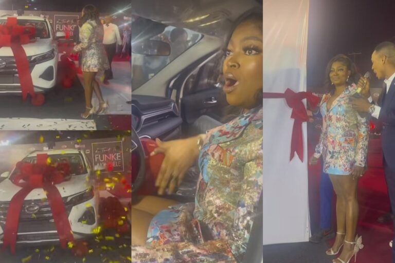 “Why would they dash a billionaire a car” Mixed reactions as Funke Akindele receives brand new car at an event