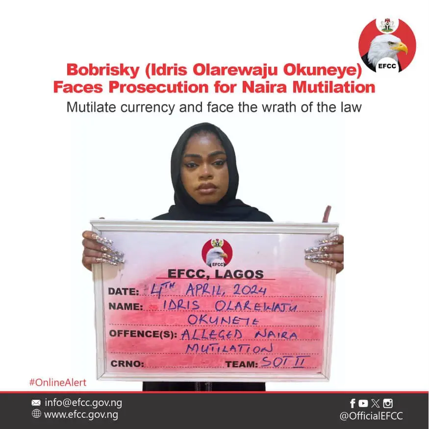 EFCC Confirms Bobrisky’s Arrest for Naira Mutilation, Set to Charge Crossdresser