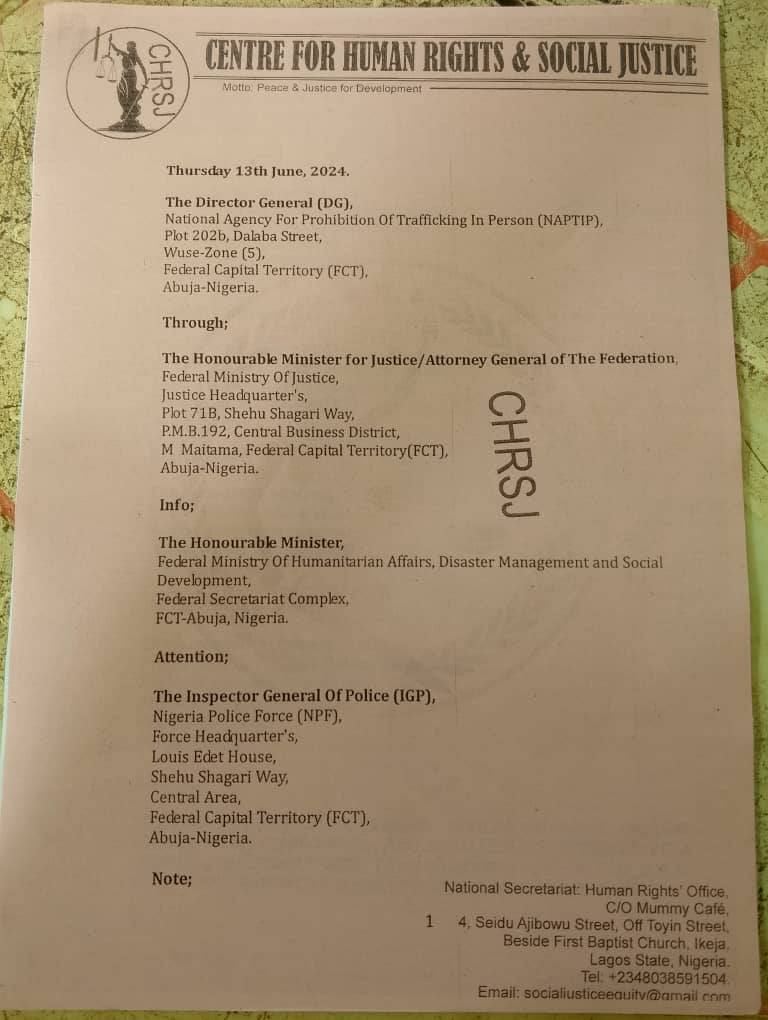 Trump-up Allegation: CHRSJ petitions Nigeria authourities over unlawful detention of Ibadan business woman by NAPTIP