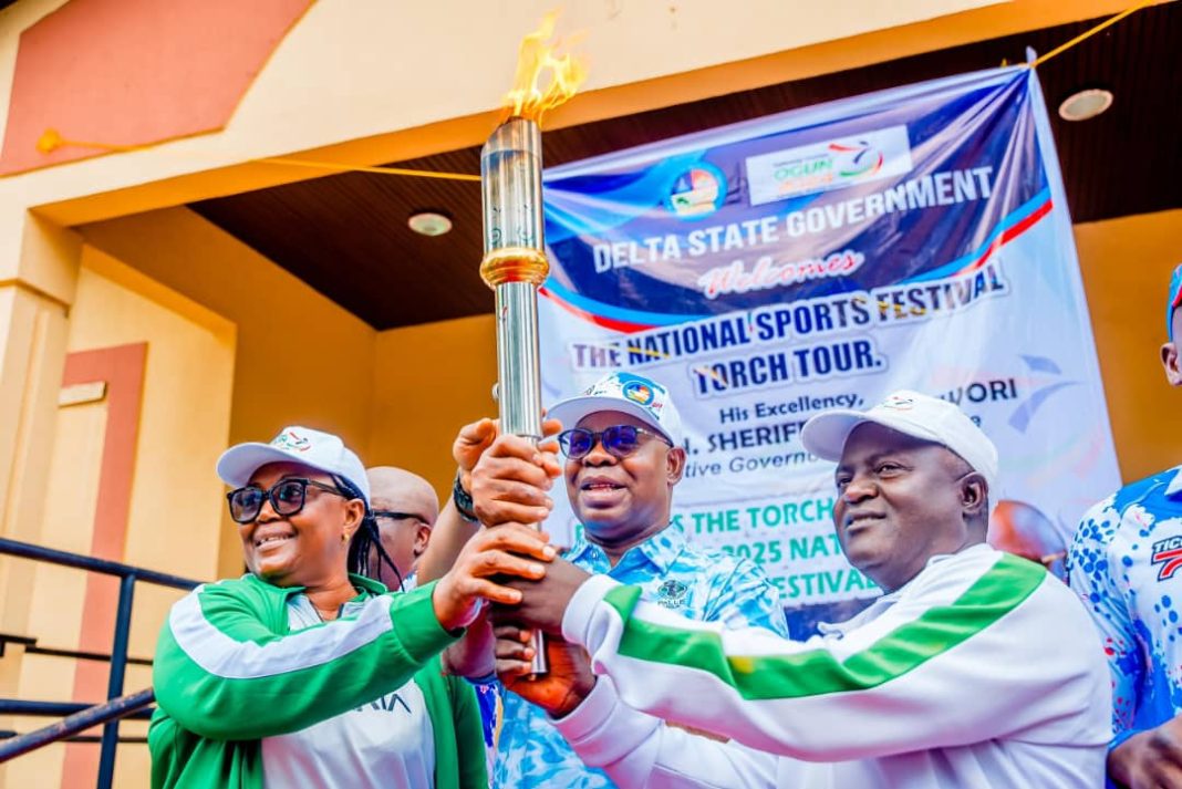 Gov Oborevwori receives National Sports Festival’s Torch of Unity