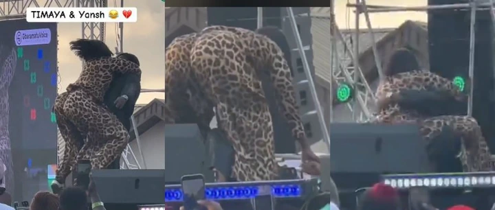 Moment Timaya Falls on Stage While Attempting to Lift Plus-Sized Fan
