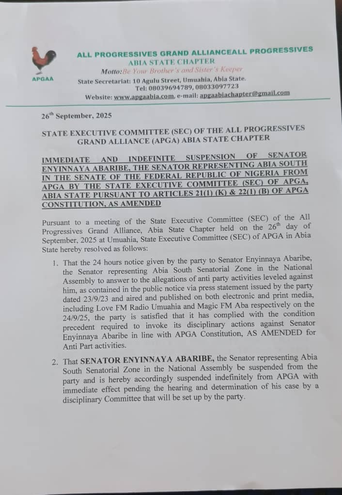 Dispute Emerges Over Reported Suspension of Senator Abaribe by Abia APGA